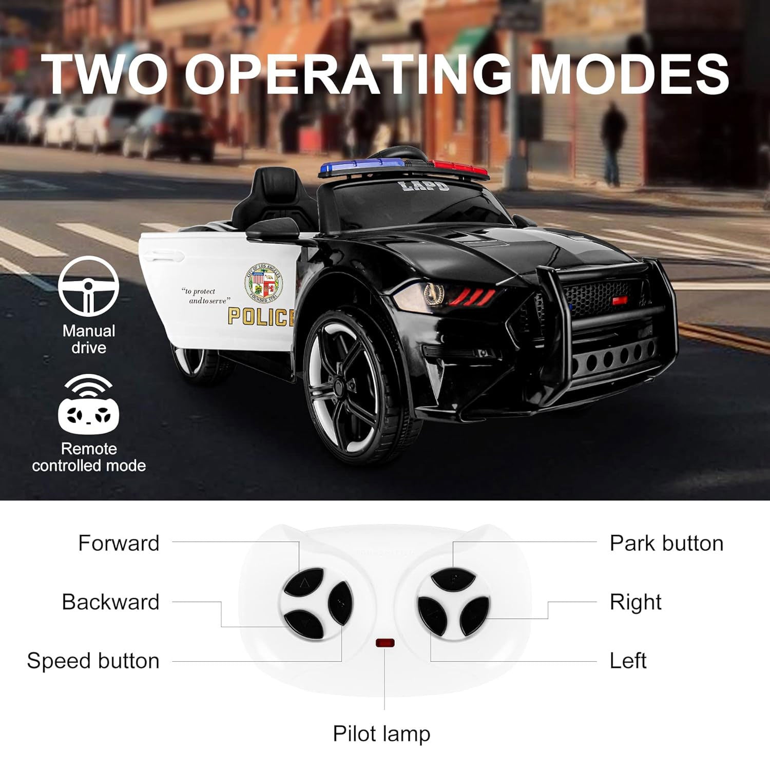 LAPD Police Cruiser 12V Electric Ride On Car for Kids Age 3-8 - Remote Control, Megaphone, Siren & Lights - ASTM-Certified Fun Toy Car with EVA Tire & Leather Seats