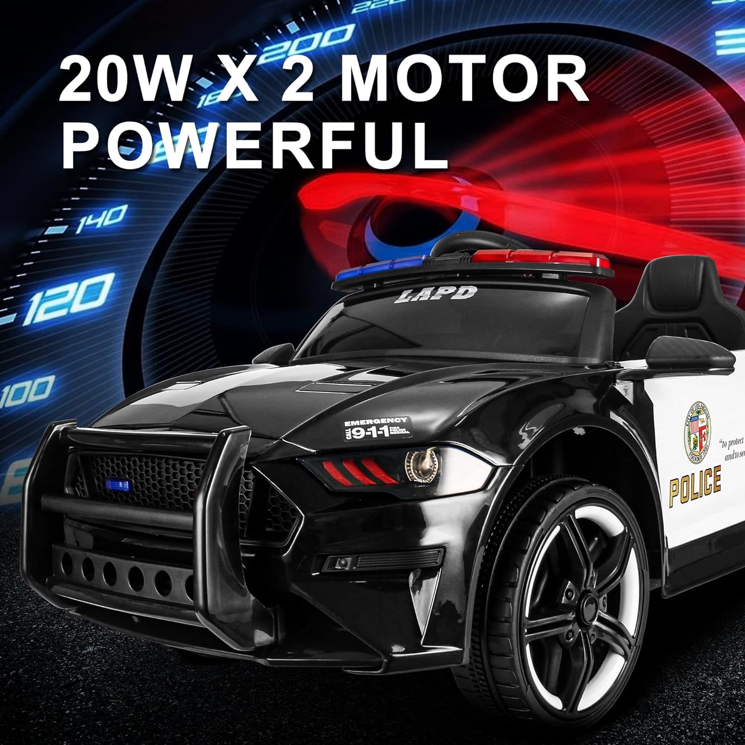 LAPD Police Cruiser 12V Electric Ride On Car for Kids Age 3-8 - Remote Control, Megaphone, Siren & Lights - ASTM-Certified Fun Toy Car with EVA Tire & Leather Seats