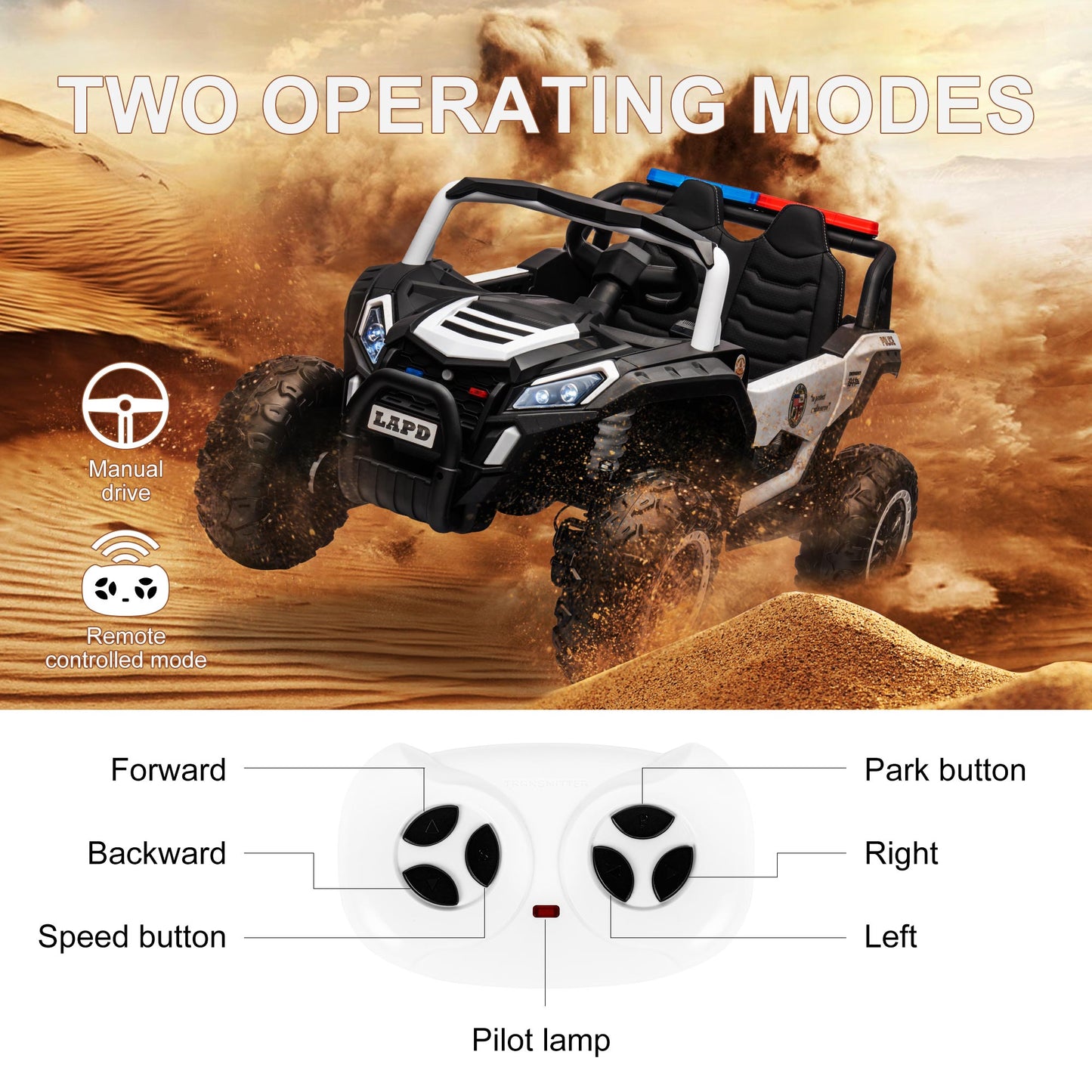 LAPD Police Buggy UTV 2 Seater Ride on Toys for Kids 3 - 8 -4WD Electric Ride On 12V Police UTV with Remote Control, EVA Tires, Leather Seats, Siren & Lights - Off Road Power Wheels for Boys and Girls