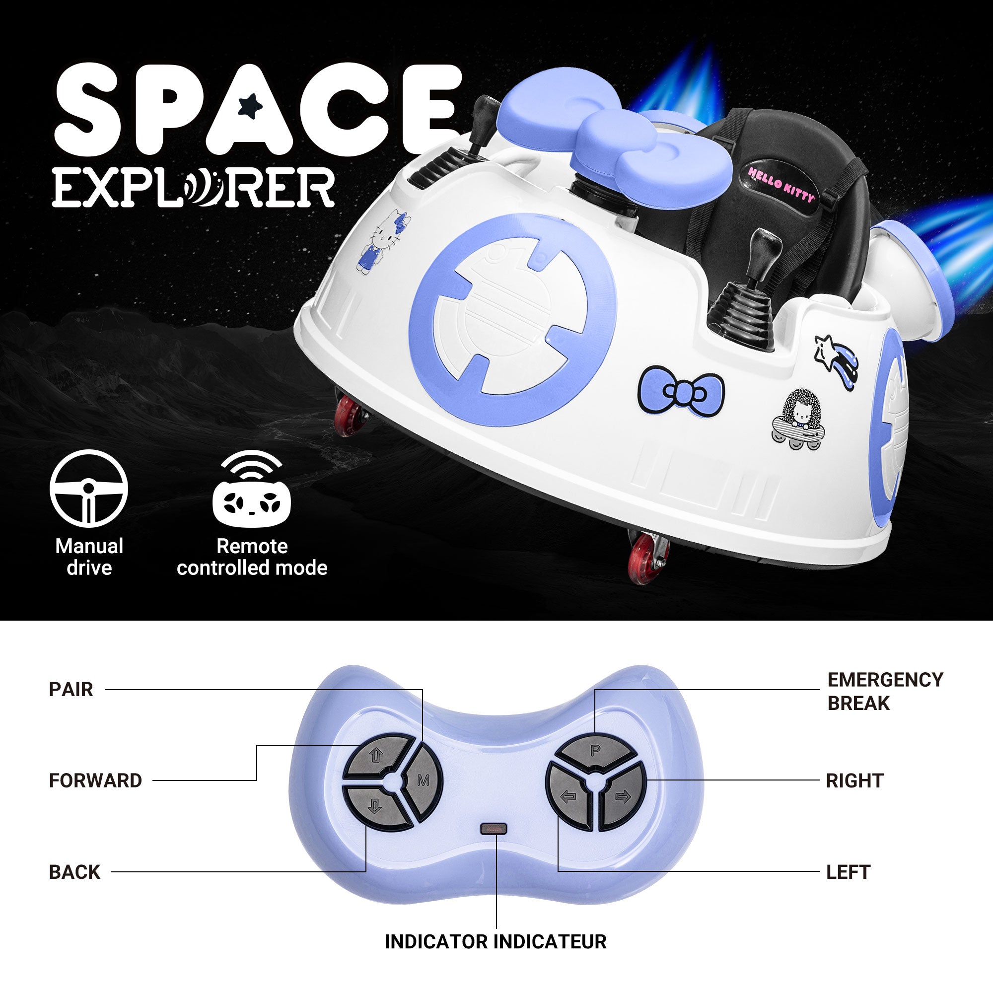 Hello Kitty Space Explorer Bumper Car - 6V Remote Control Car for Toddlers 1.5-5 Years Old, Toddler Car with Dual Motor & Seat Belts, Perfect Baby Car for Your Little One's Adventures