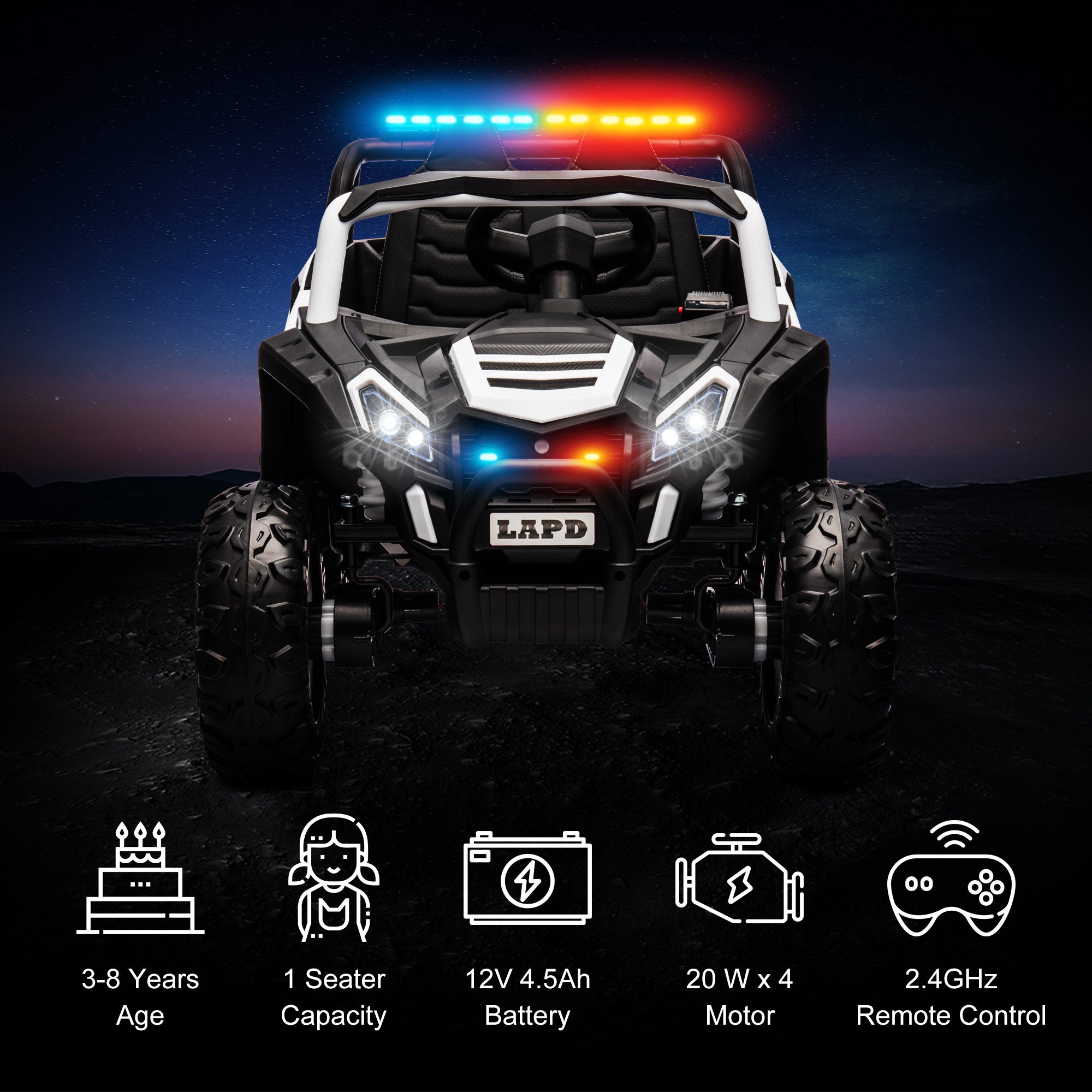 LAPD Police Buggy UTV 2 Seater Ride on Toys for Kids 3 - 8 -4WD Electric Ride On 12V Police UTV with Remote Control, EVA Tires, Leather Seats, Siren & Lights - Off Road Power Wheels for Boys and Girls